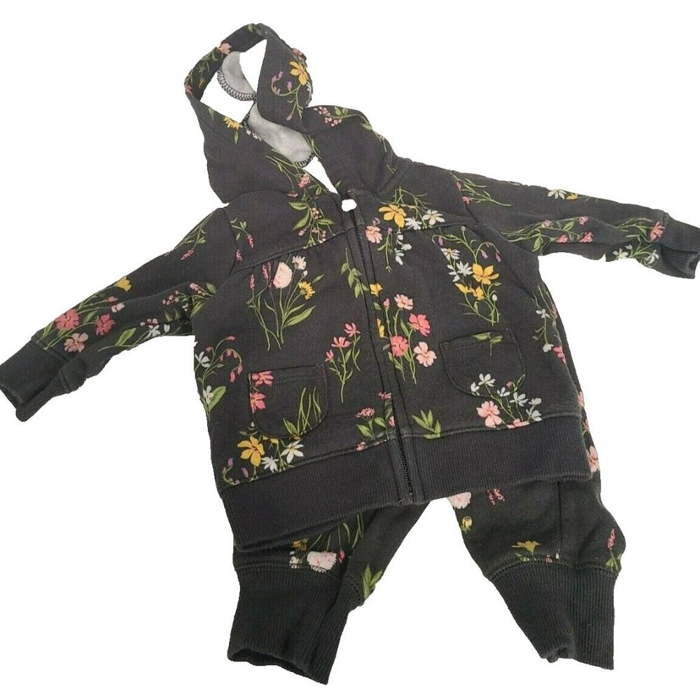 Carters Baby Girls Hoodie and Pants Outfit Set Size 3M Gray Floral Allover print